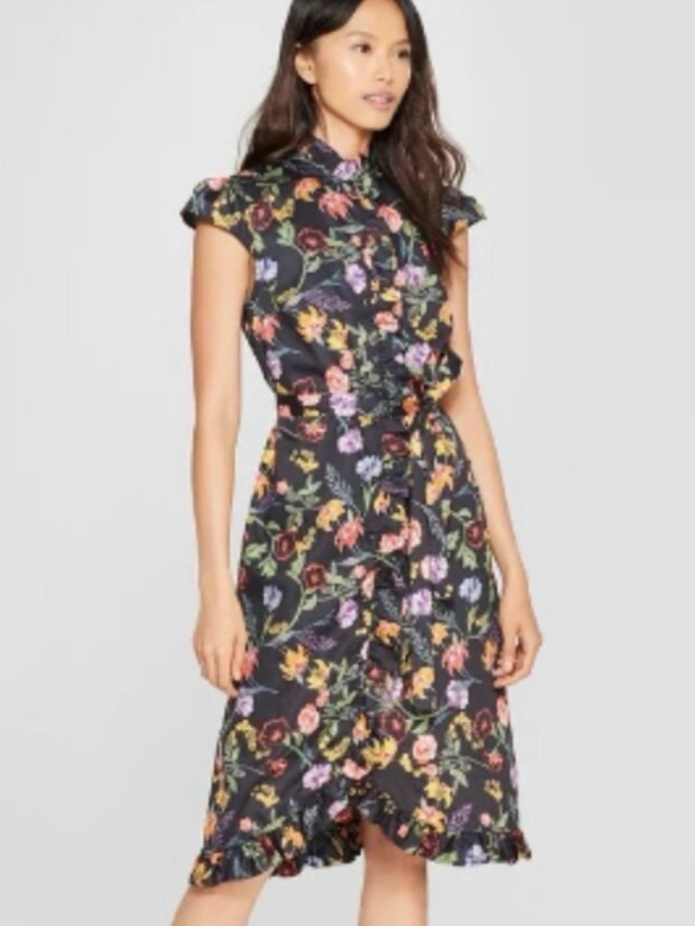 Who What Wear Black Floral Cap-Sleeve Midi Dress size XXL